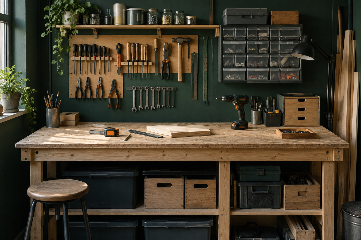 Illustration of a compact workshop with a plywood workbench and organised hand tools